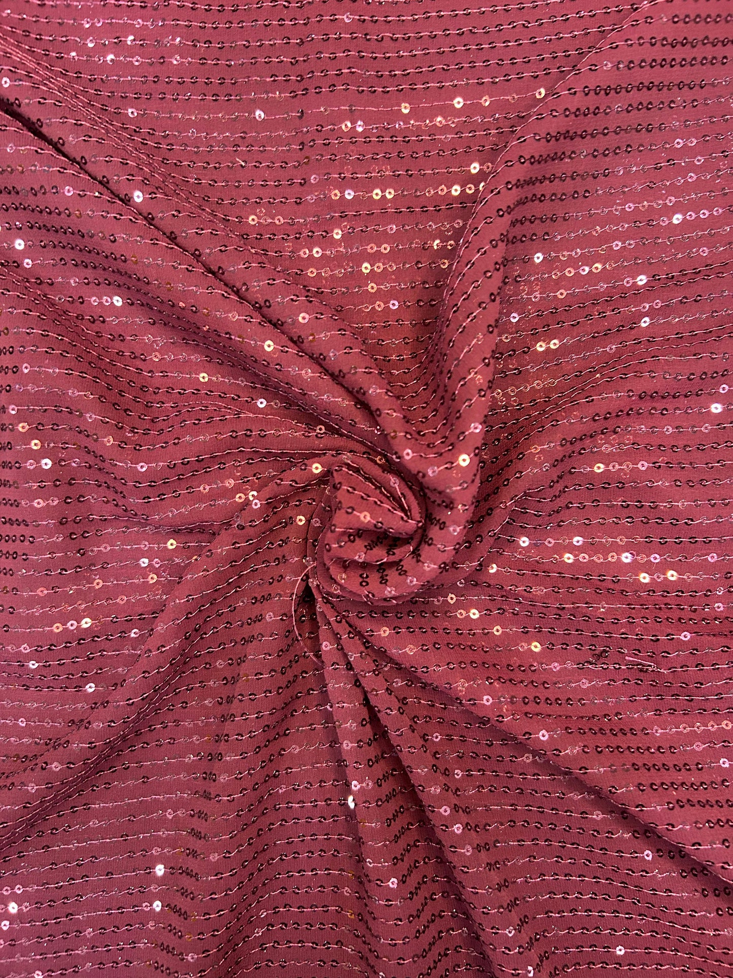 Wine Georgette Sequin Embroidery Fabric for Saree, Lehenga & Gown