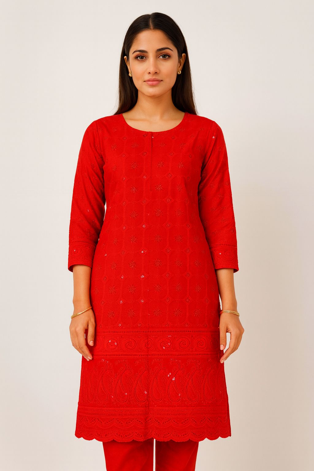 "Designer Rayon Sequin Embroidery Kurti Fabric | Red Dress Material for Suits & Gowns"