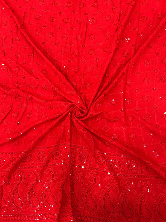 Red heavy sequin embroidered rayon fabric for festive suits, sarees and party wear