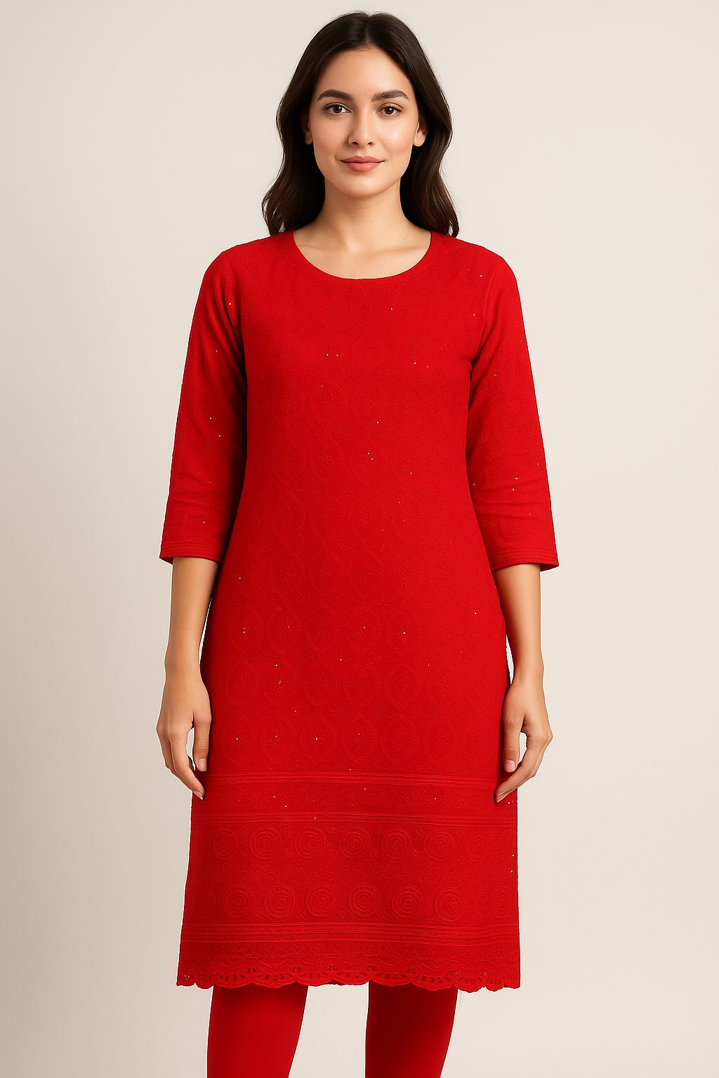 "Designer Rayon Sequin Embroidery Kurti Fabric | Red Dress Material for Suits & Gowns