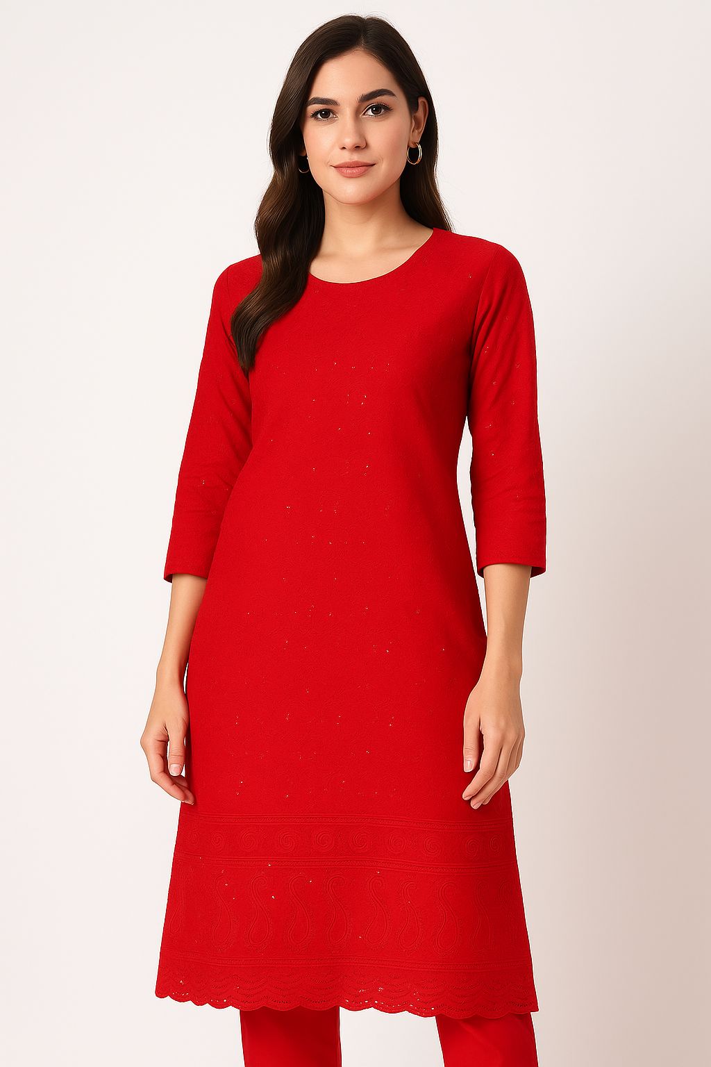 "Designer Rayon Sequin Embroidery Kurti Fabric | Red Dress Material for Suits & Gowns