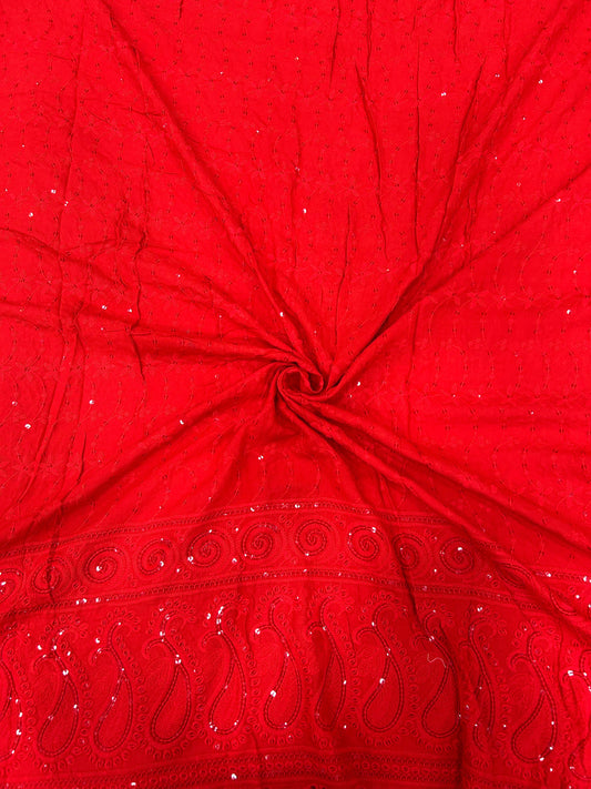 Red heavy sequin embroidered rayon fabric for festive suits, kurtis and party wear