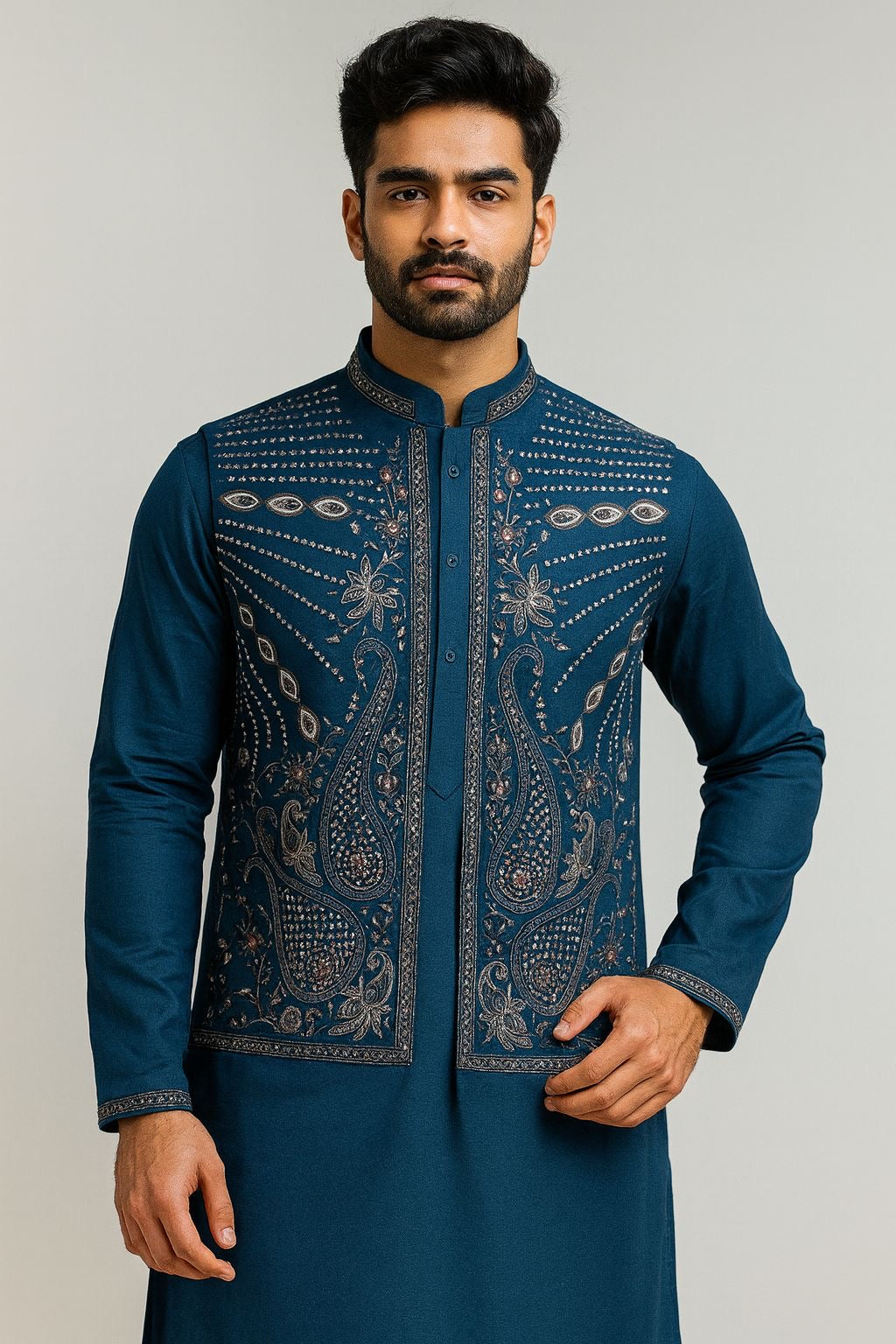 Teal Blue Unstitched Kurta Koti Pajama (Set of 3) | Embroidered Ethnic Wear for Men