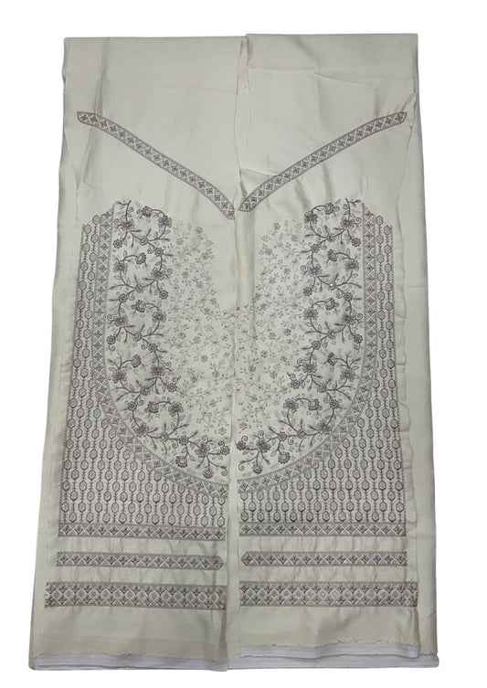 Premium white or cream unstitched kurta koti Pajama fabric for men, featuring an elaborate digital print or light embroidery design on the neckline and bottom hem. The traditional motif uses subtle gray and black floral and geometric patterns. Ideal ethnic textile for a sophisticated kurta koti pajama set for semi-formal events or daily wear