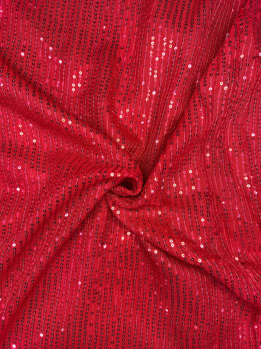 Premium red sequin georgette fabric for lehengas, sarees and blouses