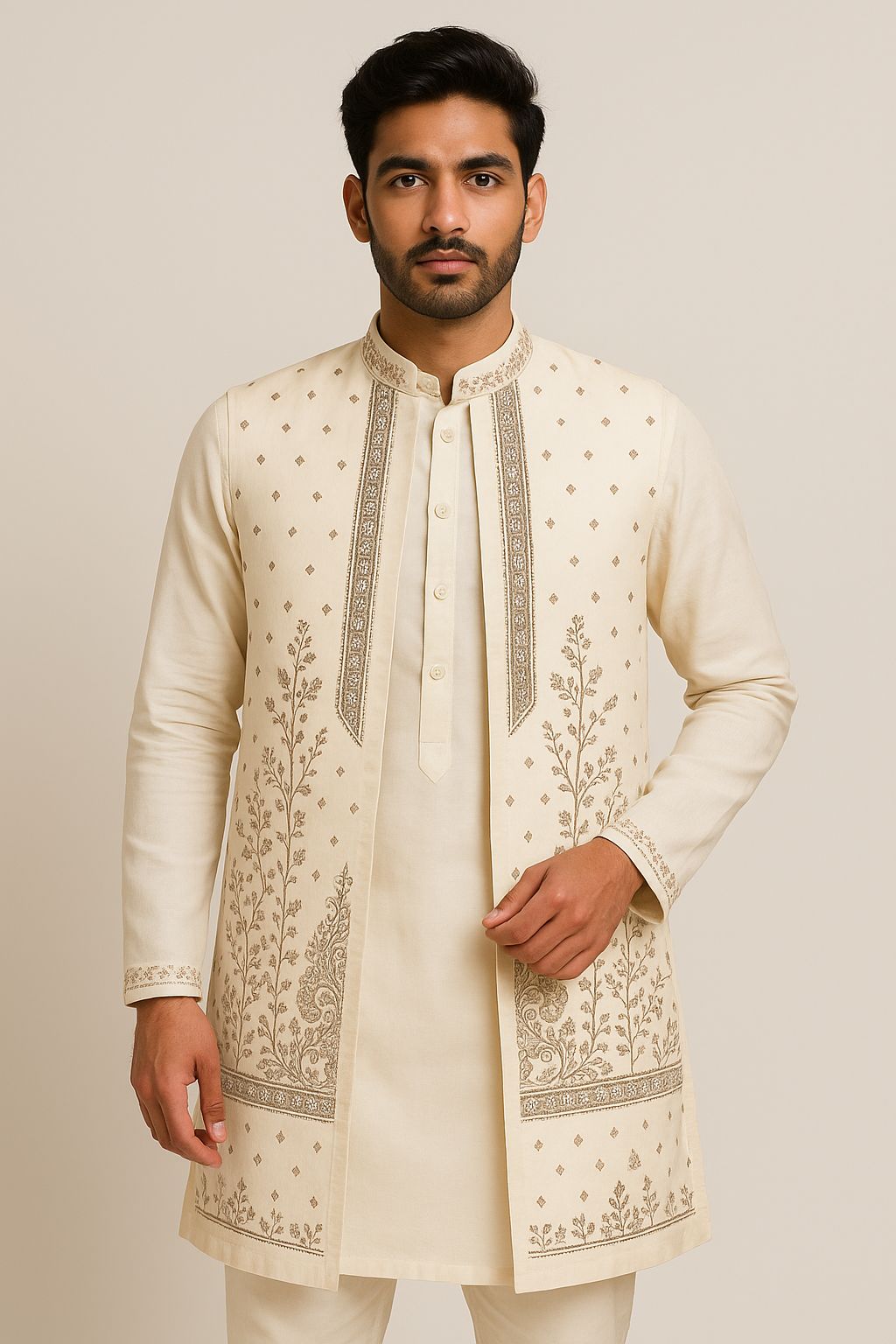 Elegant men's cream (or ivory) kurta koti pajama set with a matching embroidered koti (waistcoat/jacket). The traditional Indian outfit features intricate golden-beige threadwork showcasing delicate floral vines, paisley motifs, and ornate borders on the koti panel. This premium ethnic wear is ideal for weddings, receptions, festivals like Diwali/Eid, or formal cultural events.