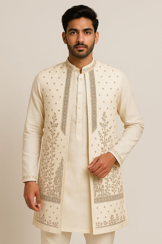 Elegant men's cream (or ivory) kurta koti pajama set with a matching embroidered koti (waistcoat/jacket). The traditional Indian outfit features intricate golden-beige threadwork showcasing delicate floral vines, paisley motifs, and ornate borders on the koti panel. This premium ethnic wear is ideal for weddings, receptions, festivals like Diwali/Eid, or formal cultural events.