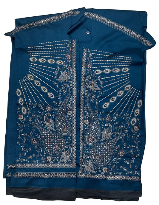"Add a touch of elegance to your closet with this stunning Teal Blue unstitched men's Koti fabric panel! It features beautiful silver thread embroidery and shimmering sequin work in rich paisley and floral motifs. This premium ethnic textile is perfect for creating a sophisticated Kurta Koti Pajama Set for weddings, receptions, or festive celebrations where you want to stand out!"