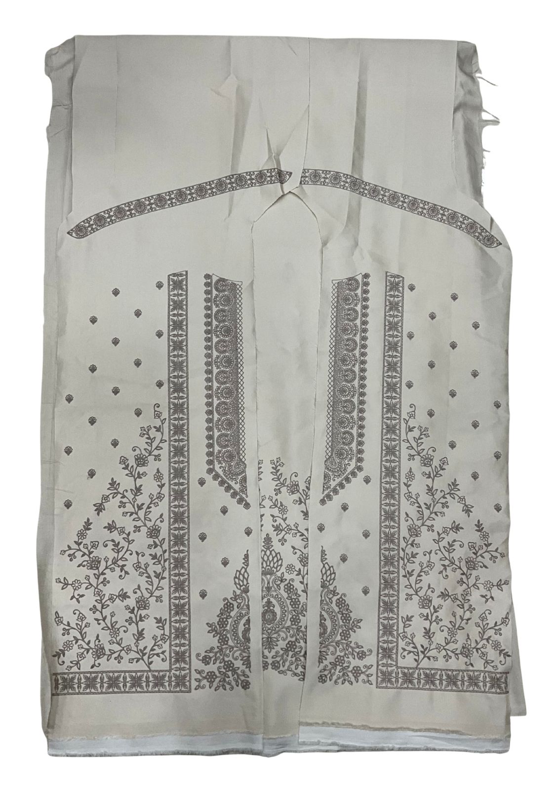 Cream (or Ivory) Unstitched Kurta Koti Pajama Set fabric, featuring a rich embroidered waistcoat panel (Koti or Nehru Jacket). The textile includes delicate golden-beige threadwork in floral vines, intricate paisley motifs, and border designs. This elegant men's ethnic outfit is perfect for weddings, receptions, or festive occasions.