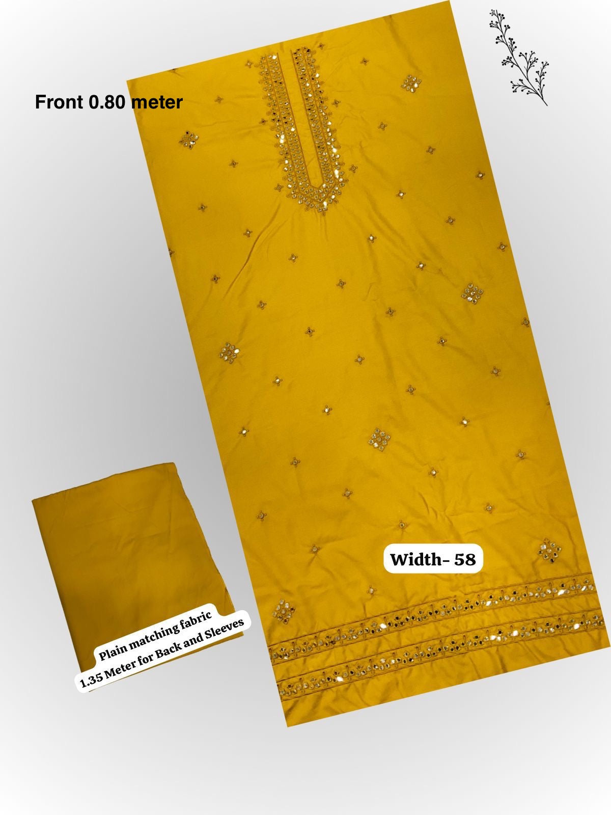 "Get the look! Mustard yellow premium cotton/silk unstitched fabric for men, featuring a beautiful V-neck design enhanced with continuous gold thread embroidery and stunning circular mirror work. This latest trend ethnic fabric is perfect for customizing a stylish kurta for the Haldi, wedding guests, or pre-wedding party."