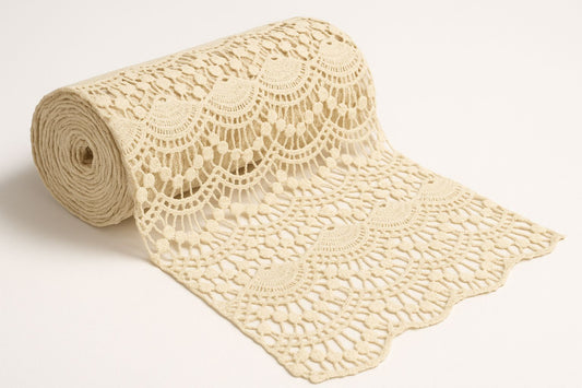 "Experience the ultimate in comfort and style with this high-quality, dyeable white cotton lace fabric! This premium GPO guipure textile features a beautiful scalloped, repeating fan motif and a soft, breathable texture perfect for all-day wear. Use this versatile fabric for stunning bridalwear overlays, chic resort outfits, custom ethnic kurtis, or breezy summer dresses!"