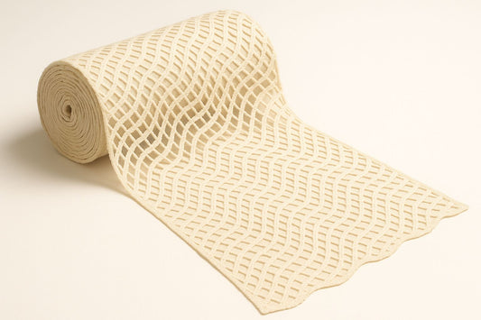 Pure cotton lace fabric featuring wave-style guipure embroidery for dresses and kurtis