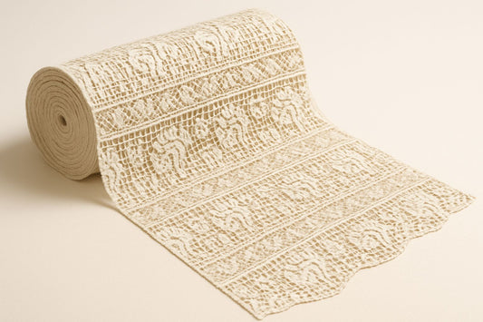 "Unlock the potential of this 100% pure cotton GPO lace fabric! This premium dyeable white textile showcases a gorgeous, intricate leaf and wave guipure pattern. Imagine the possibilities: this fabric drapes and moves beautifully, just like the dress the model wears in the sample photos! It's the perfect soft and breathable material for tailoring a custom bridal overlay, resort dress, or high-fashion ethnic outfit."