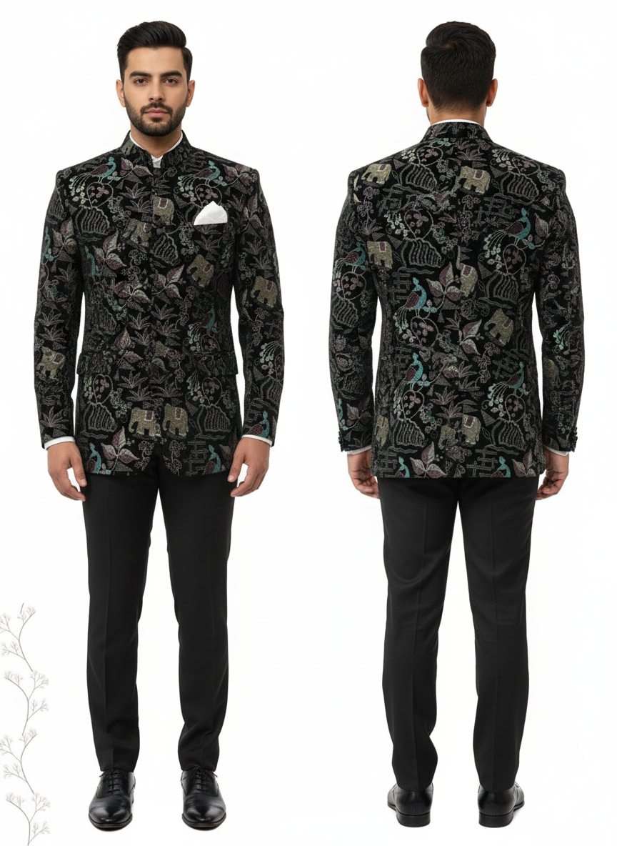 Premium new style black velvet fabric featuring intricate multicolor embroidery in a traditional Indian motif of elephants, peacocks, and floral/leaf patterns. This luxurious men's ethnic fabric is ideal for crafting a custom Bandhgala suit, Jodhpuri jacket, sherwani, or elegant blazer for weddings and formal occasions.