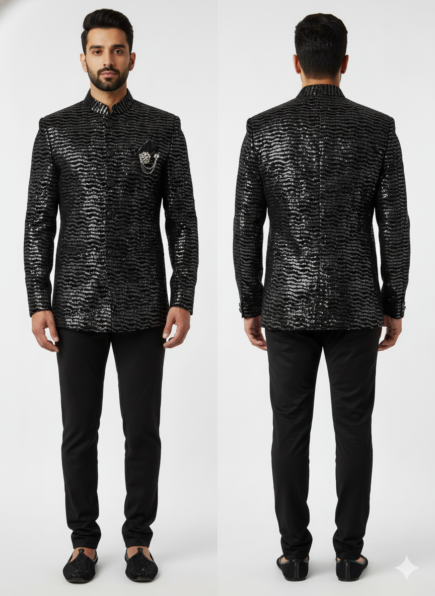 Premium Black Sequin Wave Stripe Velvet Fabric