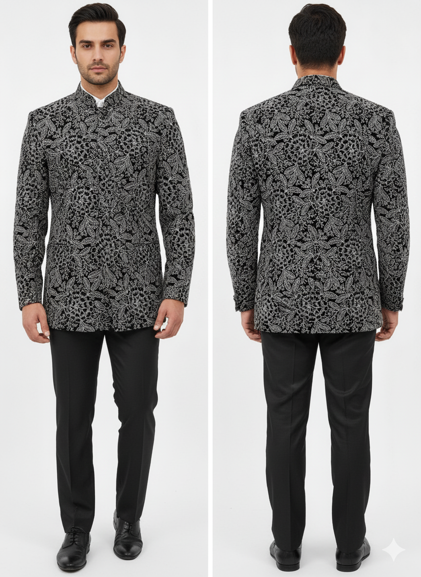 Alt Text: Elegant men's black Bandhgala (or Jodhpuri jacket) with an all-over, intricate gold and silver zari embroidery in a dense floral and leaf pattern. The premium velvet fabric has a high, mandarin collar and is styled with black formal trousers, suitable for weddings, receptions, and black-tie Indian formal wear. The image shows both the front and back view of the jacket.
