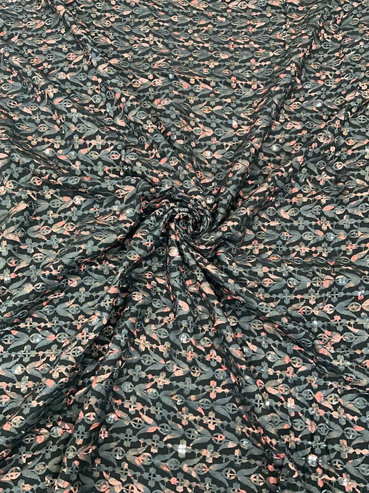 Black rayon viscose sequin kurta fabric with all-over position print for festive menswear