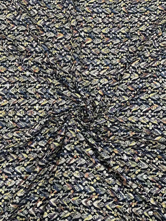 Black rayon viscose sequin kurta fabric with all-over position print for festive menswear