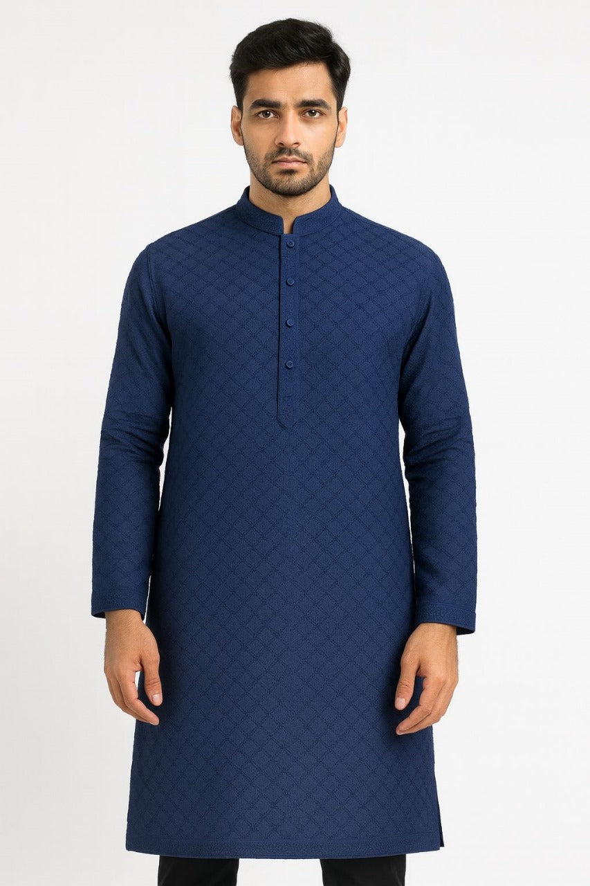 Cotton Men’s Kurta Fabric – Pagdi Design Embroidery (58” Width, Pastel Blue )
