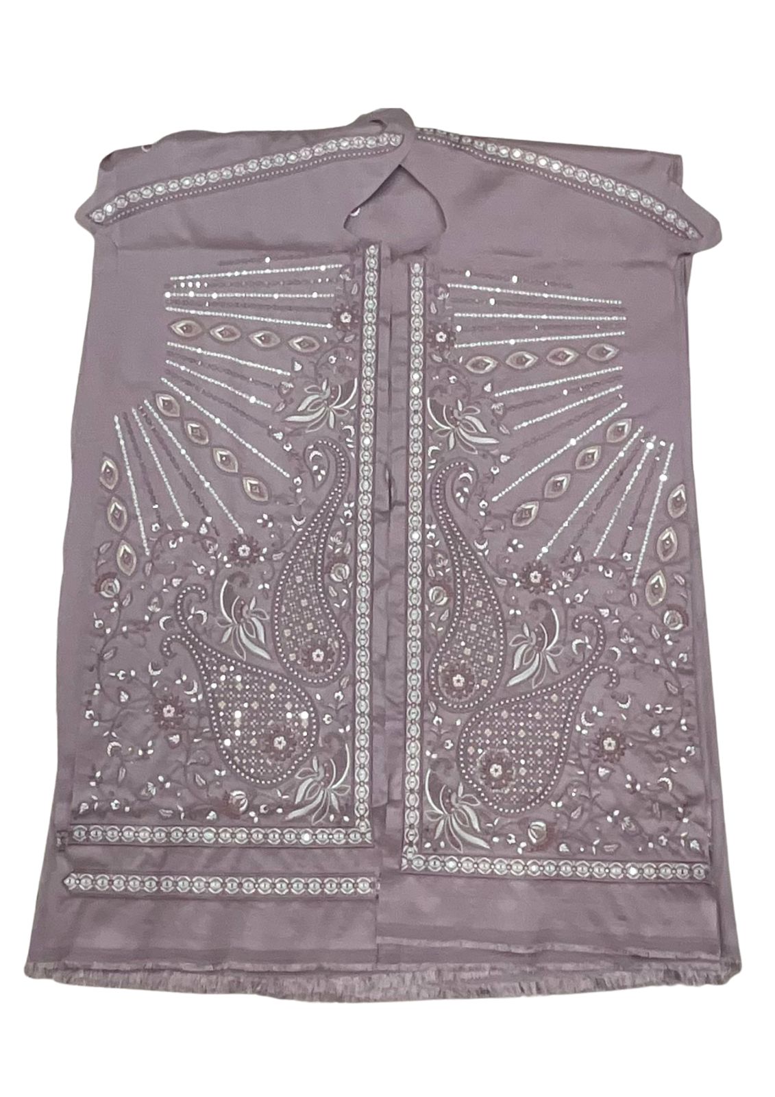 Premium unstitched lavender (or mauve/light purple) men's Koti fabric panel, richly embroidered with intricate silver and white threadwork. The design features elegant paisley and floral motifs with shimmering highlights and fine detailing, perfect for tailoring a Kurta Koti Pajama Set for weddings, formal receptions, or sophisticated ethnic events.