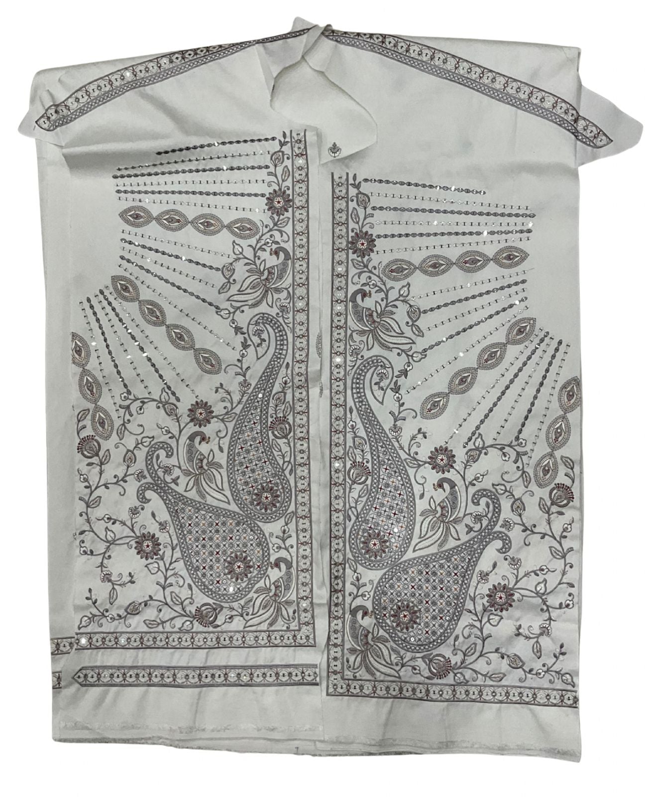 Luxurious men's white/ivory Kurta Koti Pajama Set featuring a heavily embroidered Koti (waistcoat/jacket) with rich paisley and floral motifs. The intricate silver-grey and maroon threadwork and fine detailing create a royal and graceful look. This unstitched ethnic outfit is perfect for wedding guests, receptions, or formal festive occasions.