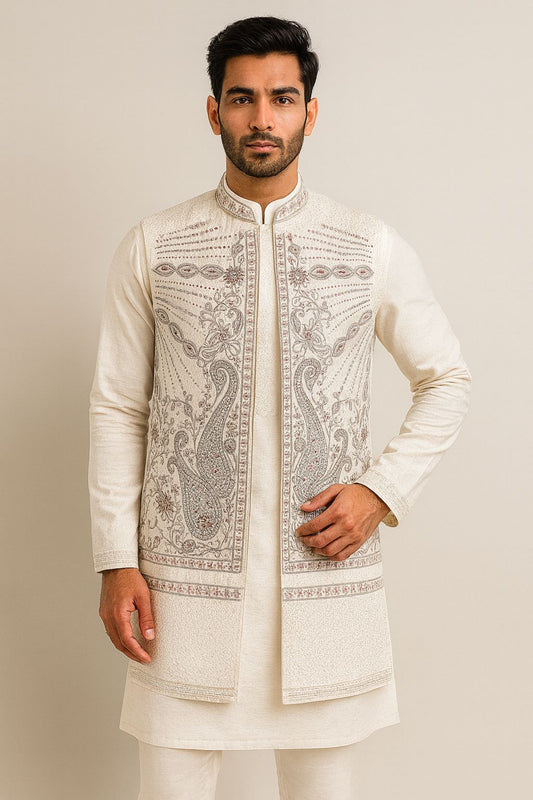 Full-length front view of a male model wearing an elegant black velvet Bandhgala jacket (or Jodhpuri suit). The jacket features intricate, multicolor traditional Indian embroidery depicting detailed elephants, peacocks, and floral motifs. Styled with a white shirt and black trousers, this is a luxurious choice for wedding guest attire and formal ethnic celebrations.
