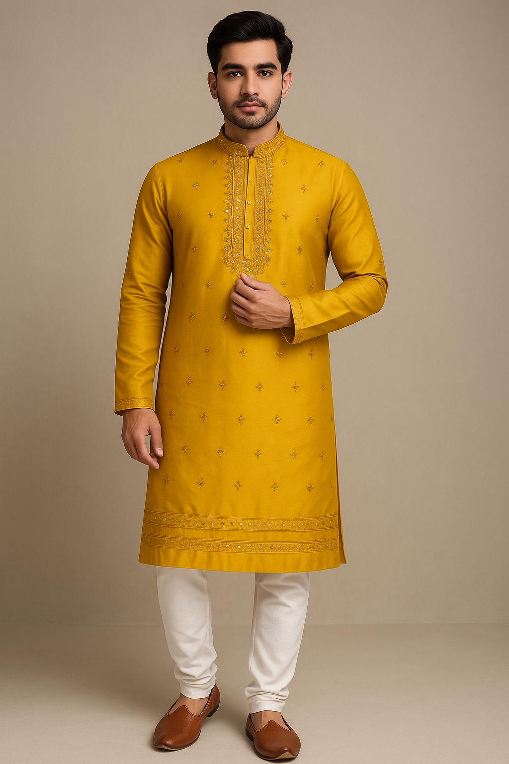 Stylish men's mustard yellow kurta pajama set featuring subtle gold zari embroidery on the high mandarin collar neckline.