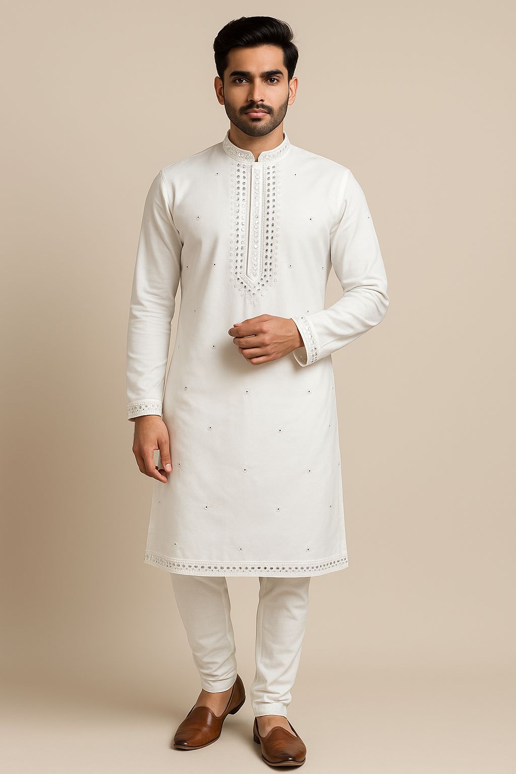 "Look dashing in this pure white men's kurta pajama set! This elegant outfit features exquisite silver embroidery and mirror-work (shisha work) detailing on the mandarin collar neckline and subtle embellishments along the hem and cuffs. Perfect for weddings, festive celebrations like Eid and Diwali, or formal Indian events. A must-have traditional Indian outfit for a refined look!"