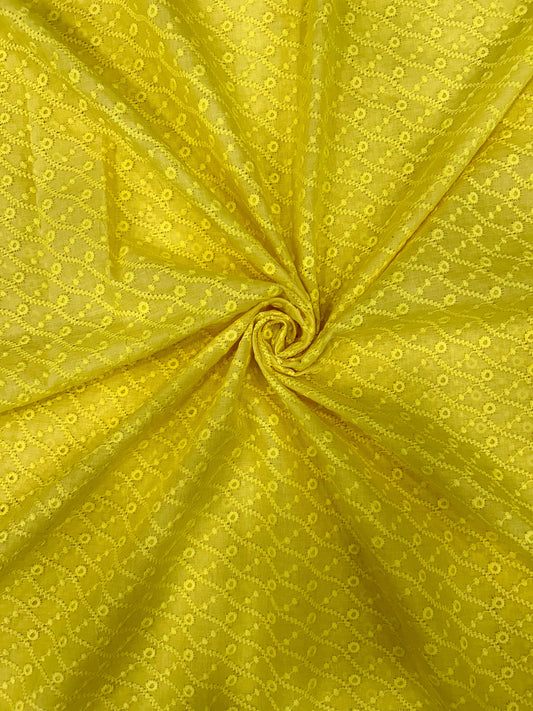 Lemon yellow pure cotton pagdi design embroidered fabric for haldi special and festive season kurta wear