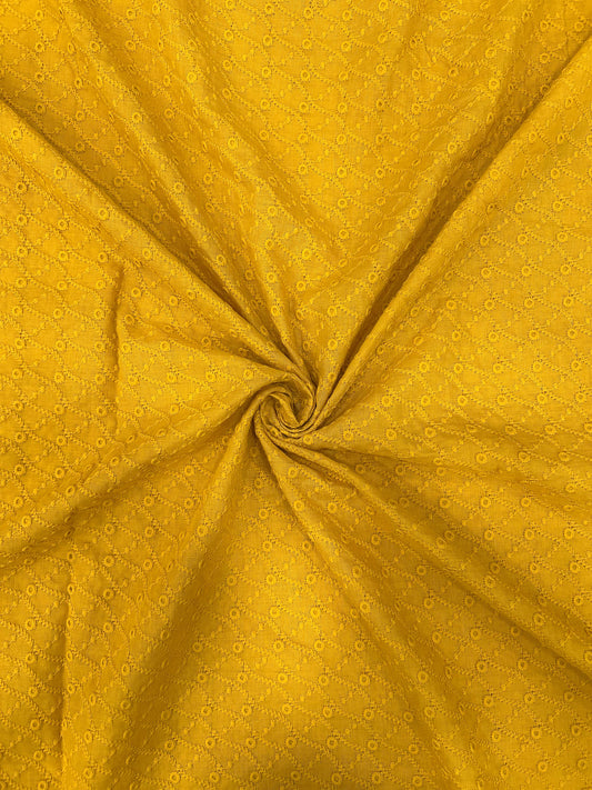 Mustard pure cotton pagdi design embroidered fabric for haldi special festive kurta and ethnic wear