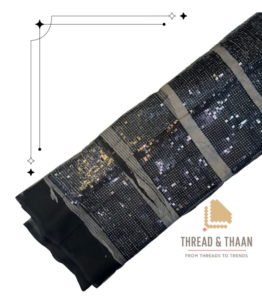 Black Net Fabric with White Sequin Embroidery | 42" Width | 36" Work