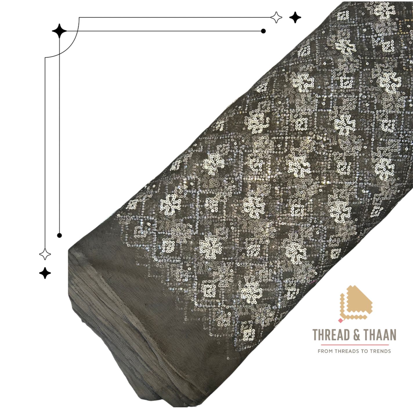 Black Net Fabric with White Sequin Embroidery | 42" Width | 36" Work
