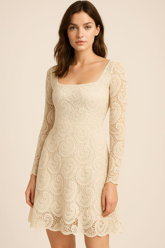 Beautiful woman wearing an elegant beige (or cream) GPO lace mini dress with a square neckline and long sleeves. This short floral lace dress is suitable for cocktail parties, semi-formal events, or daytime occasions.