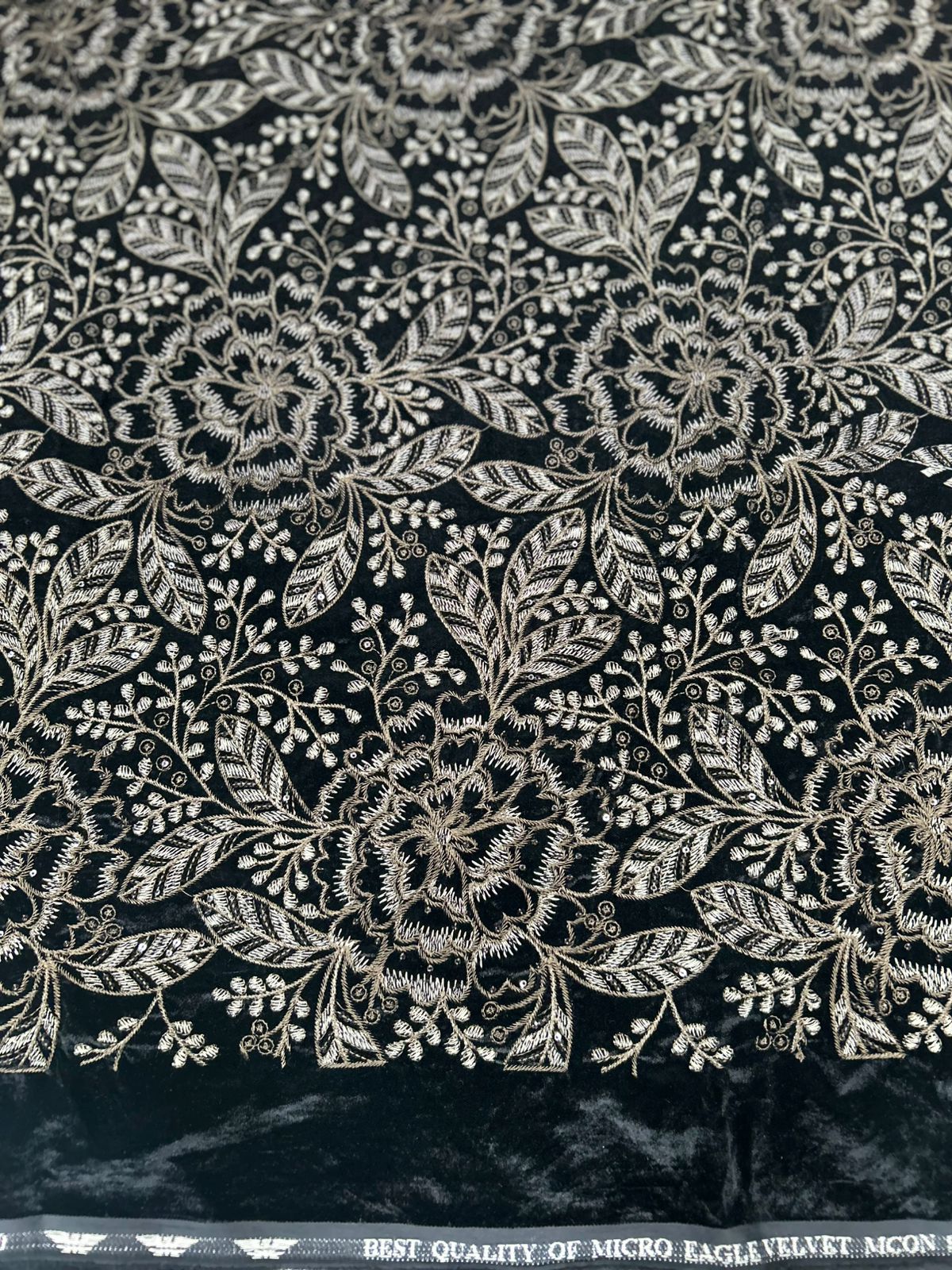 "Gorgeous new premium black velvet fabric, beautifully embroidered with sparkling gold and silver flowers and leaves. So luxurious!"