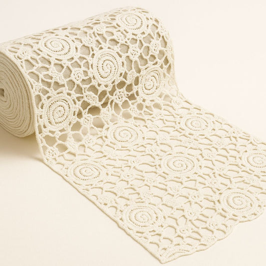 "Unlock the potential of this 100% pure cotton GPO lace fabric! This premium dyeable white textile showcases a gorgeous, intricate floral and rosette guipure pattern. Just like the dress the model wears in the sample photos, this soft and breathable material drapes beautifully. It's the perfect choice for tailoring a custom bridal overlay, resort dress, or high-fashion ethnic outfit."