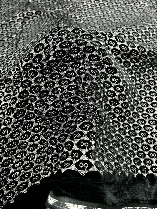 Luxury black base velvet fabric showcasing metallic grey geometric design for wedding and partywear menswear.