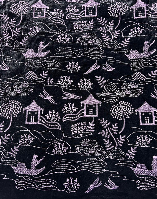 Soft velvet material in deep purple with premium thread-work village theme embroidery.