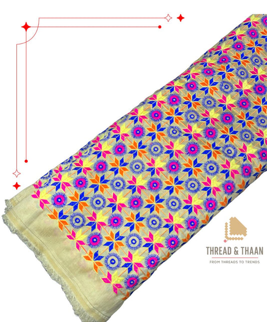 Festive multicolor brocade silk fabric with geometric star embroidery design