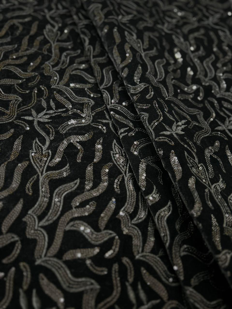 Premium Black Sequin & Thread Embroidered Velvet Fabric