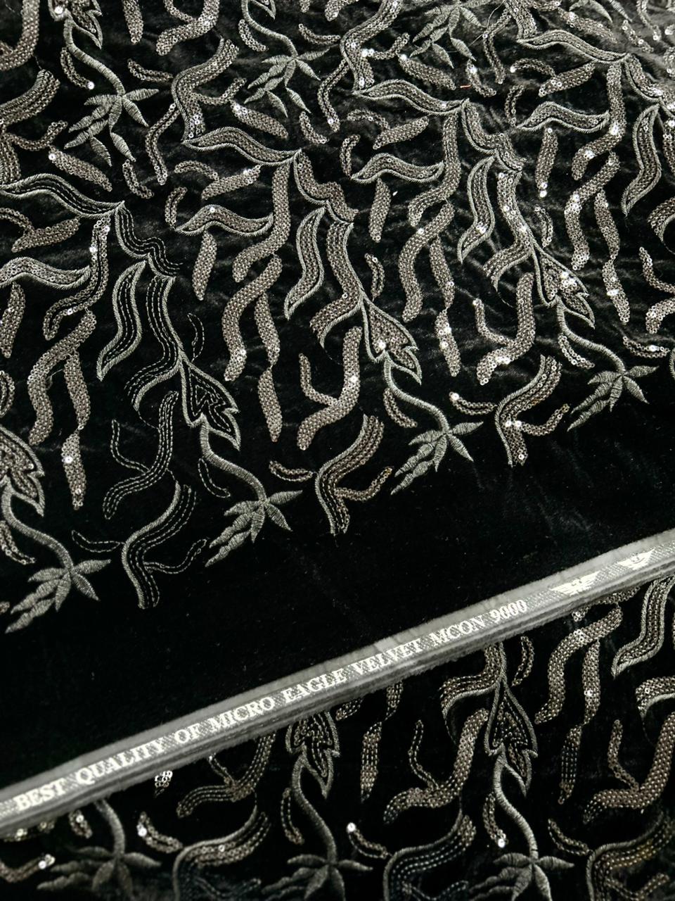 Premium Black Sequin & Thread Embroidered Velvet Fabric