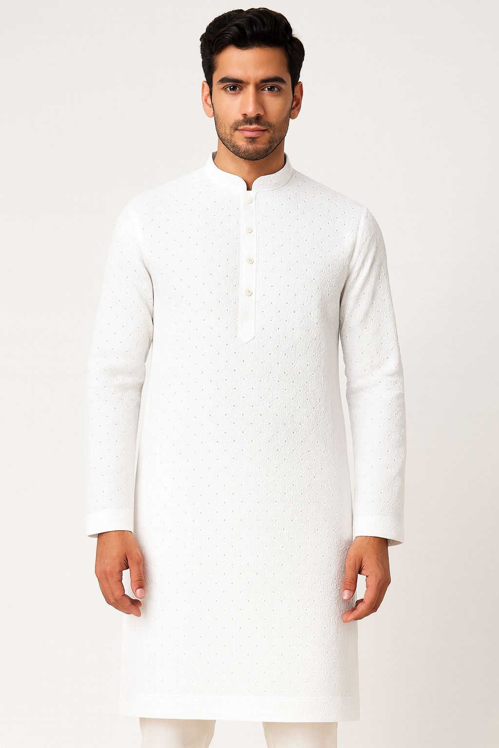 Cotton Men’s Kurta Fabric – Pagdi Design Embroidery (58” Width, Pastel White )