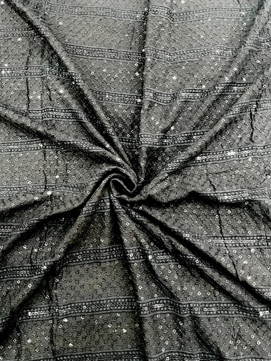 Black rayon viscose patta design embroidered kurta fabric with sequin work for festive menswear