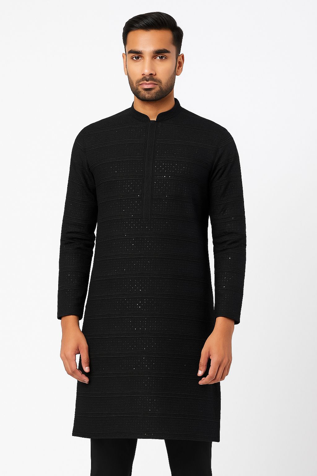 Men’s Kurta Fabric – Embroidery & Sequence Work Black