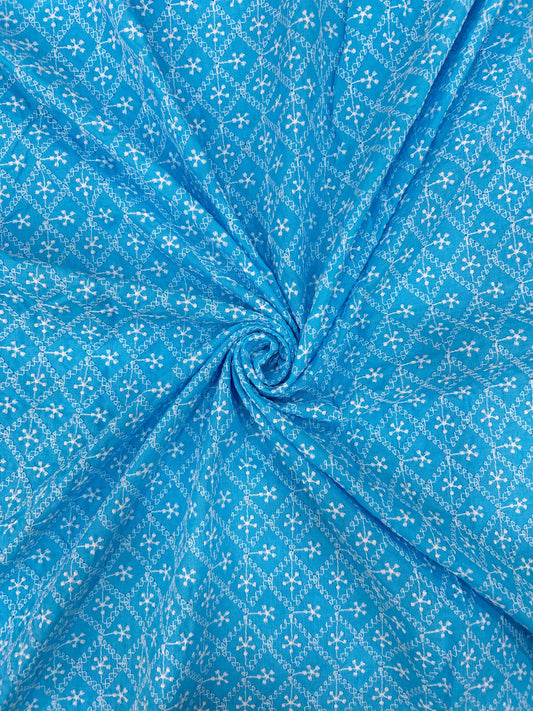 Blue pure cotton lakhnavi embroidered fabric for kurta, suit and festive wear