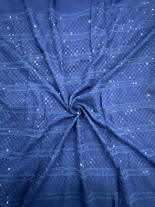 Blue rayon viscose embroidered kurta fabric with sequin patta design for festive menswear