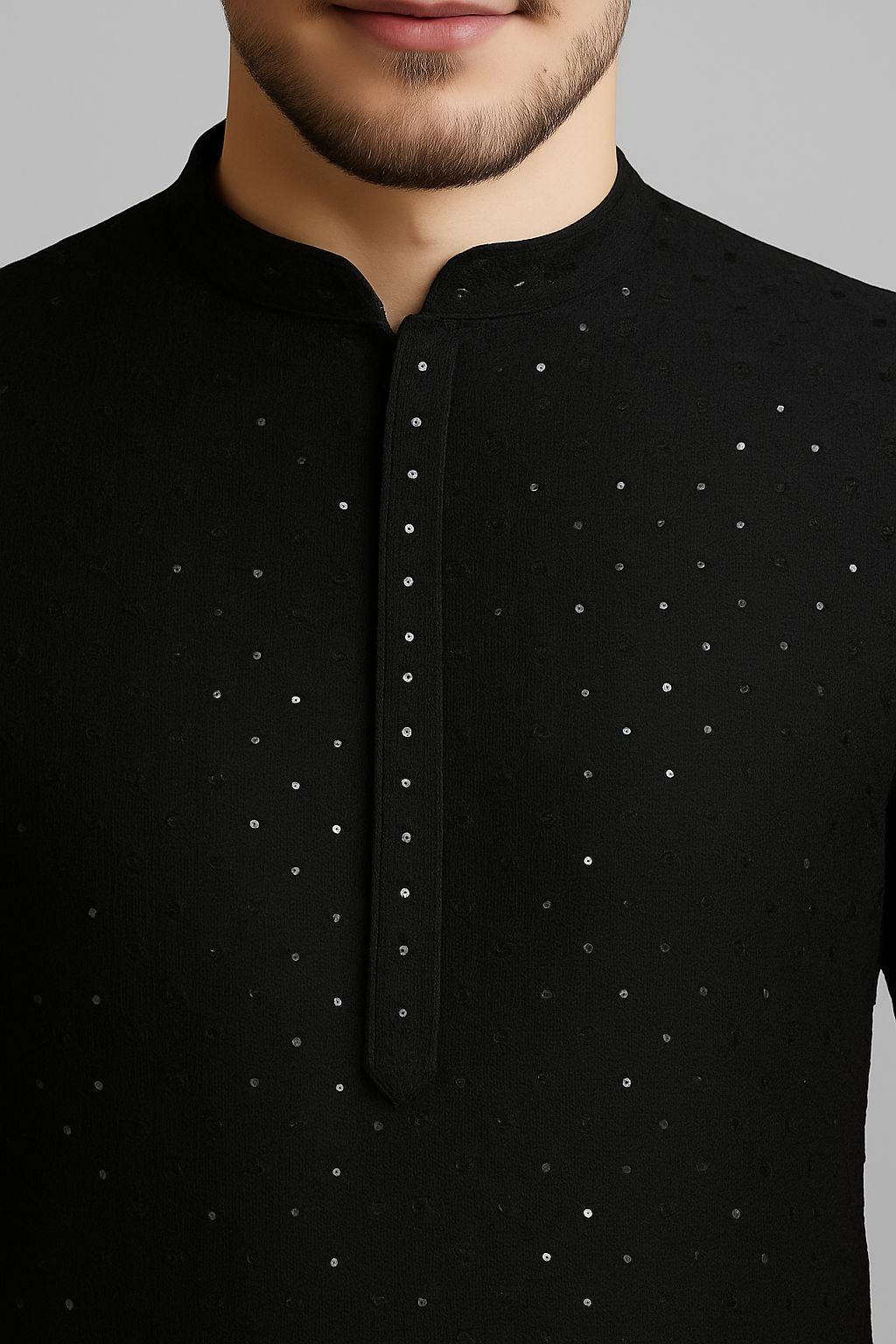 Men’s Kurta Fabric – Chess Design Embroidery on Rayon Viscose, 58” Width Black