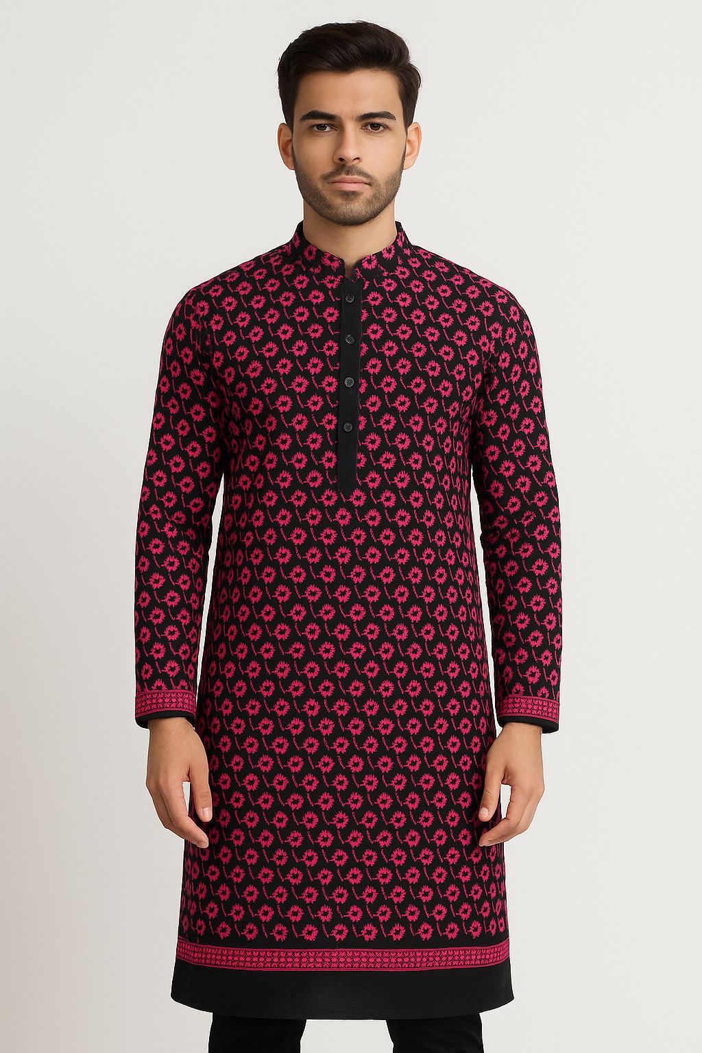Contrast Embroidery Fabric – Black Base with Fuchsia Pink & Sequins