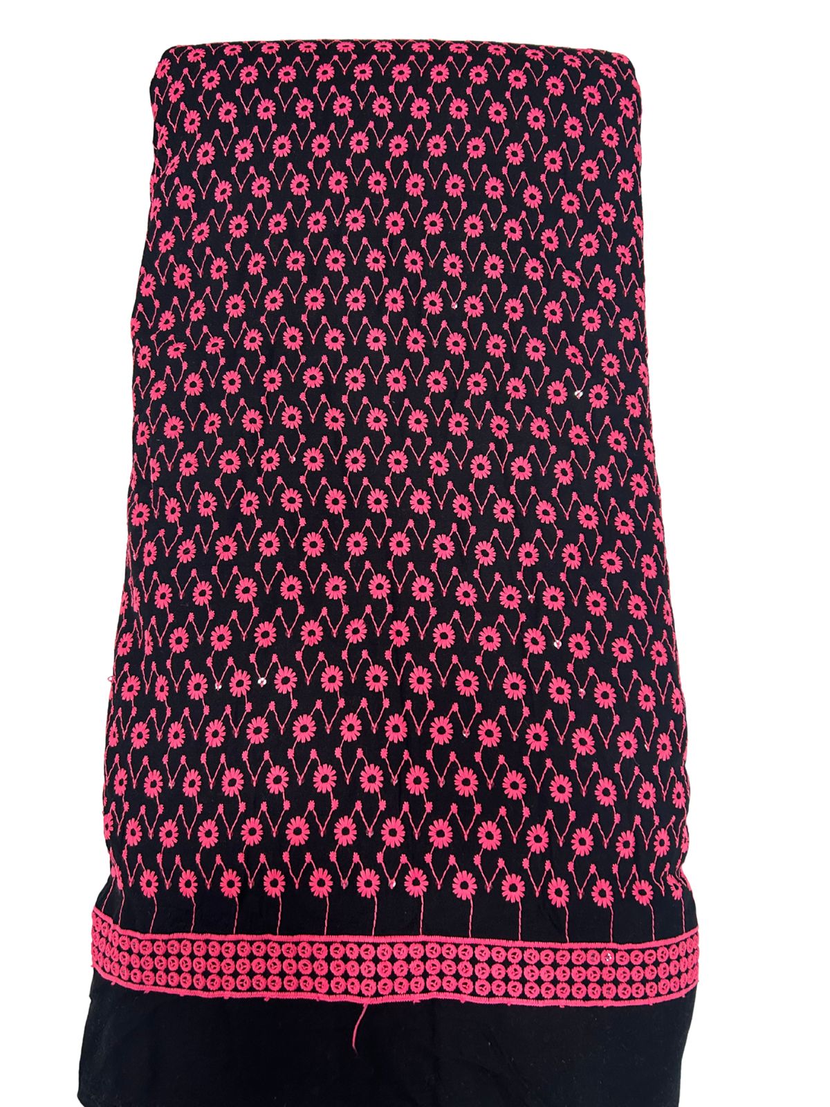 Contrast Embroidery Fabric – Black Base with Fuchsia Pink & Sequins