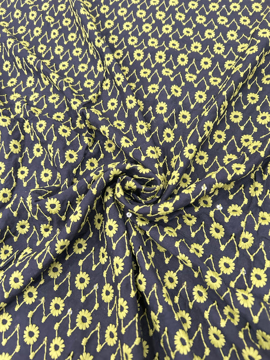 Contrast Embroidery Fabric – Black Base with Lime Yellow-Green & Sequins
