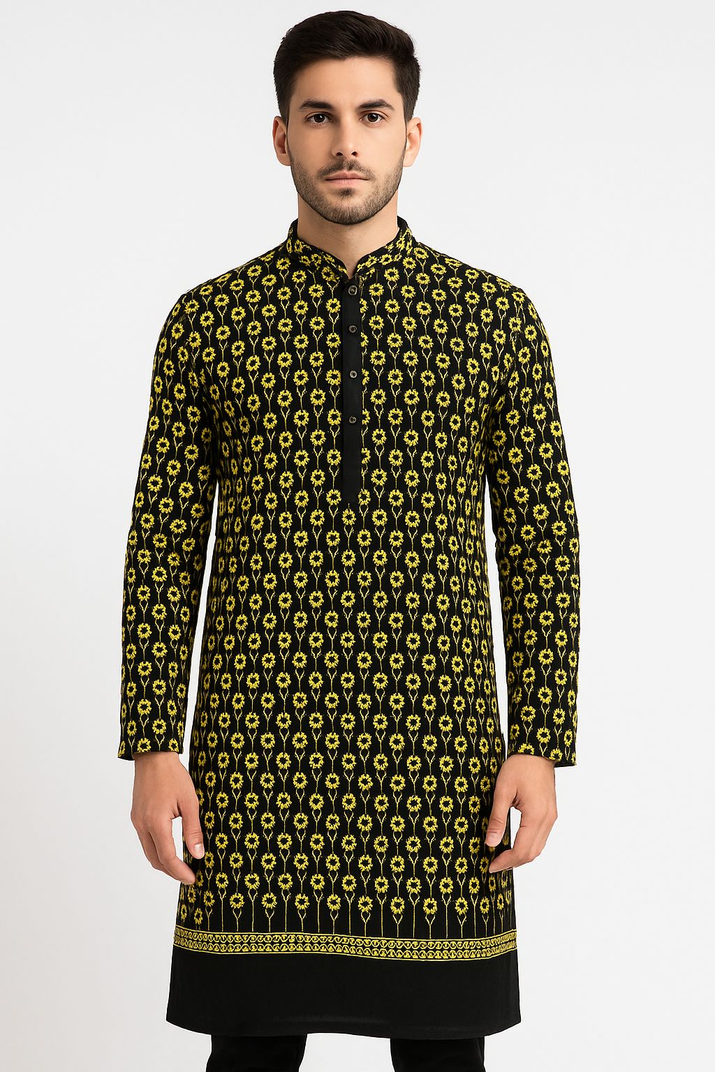 Contrast Embroidery Fabric – Black Base with Lime Yellow-Green & Sequins